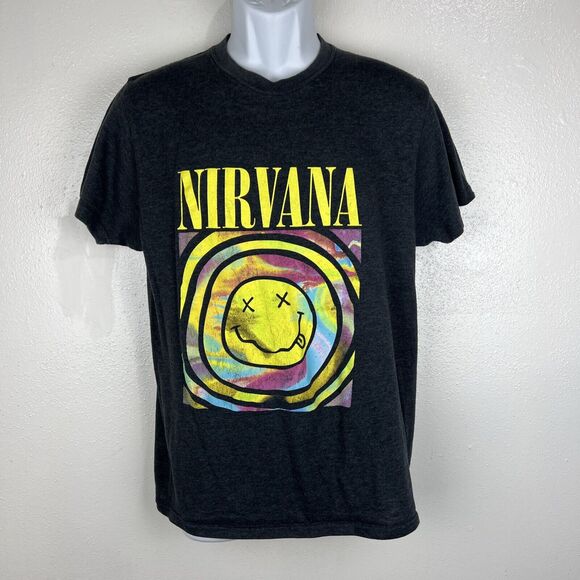 Nirvana Shirt Men Medium Grey Short Sleeve Psychedelic Smiley Graphic Tee - Picture 10 of 11